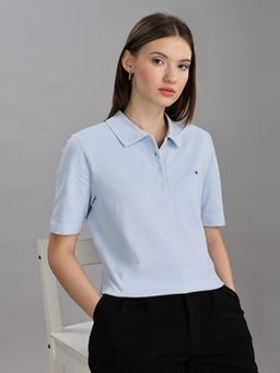 Tommy Hilfiger - Women Blue Cotton Collar Neck Polo T-Shirt