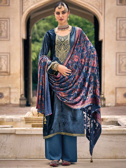 Stylee LIFESTYLE - Blue Velvet Embroidered Dress Material (Set of 3)