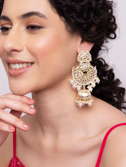 Indya - Gold Dome Shaped Kundan Pearl Beaded Jhumka Earrings