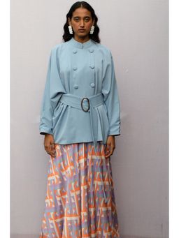 Nirmooha - Ice Blue Voluminous Sleeves Double Breasted Jacket