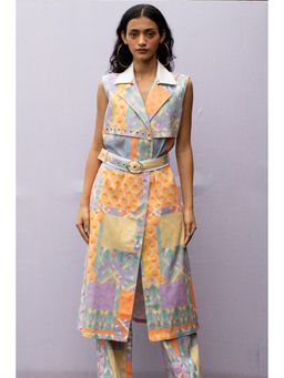 Nirmooha - Multi-color Geo Printed Denim Trench with Belt