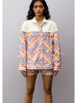 Nirmooha - Purple Geometric Print Fray Detailing Denim Jacket