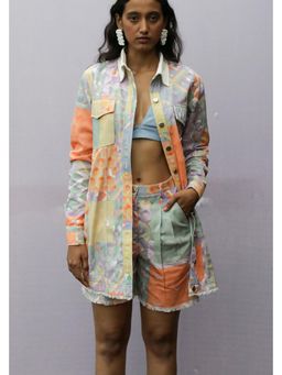 Nirmooha - Multi-color Printed Denim Balmacaan Jacket
