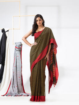 Angoshobha - Black & Yellow Cotton Blended Handloom Festive Saree with Unstitched Blouse