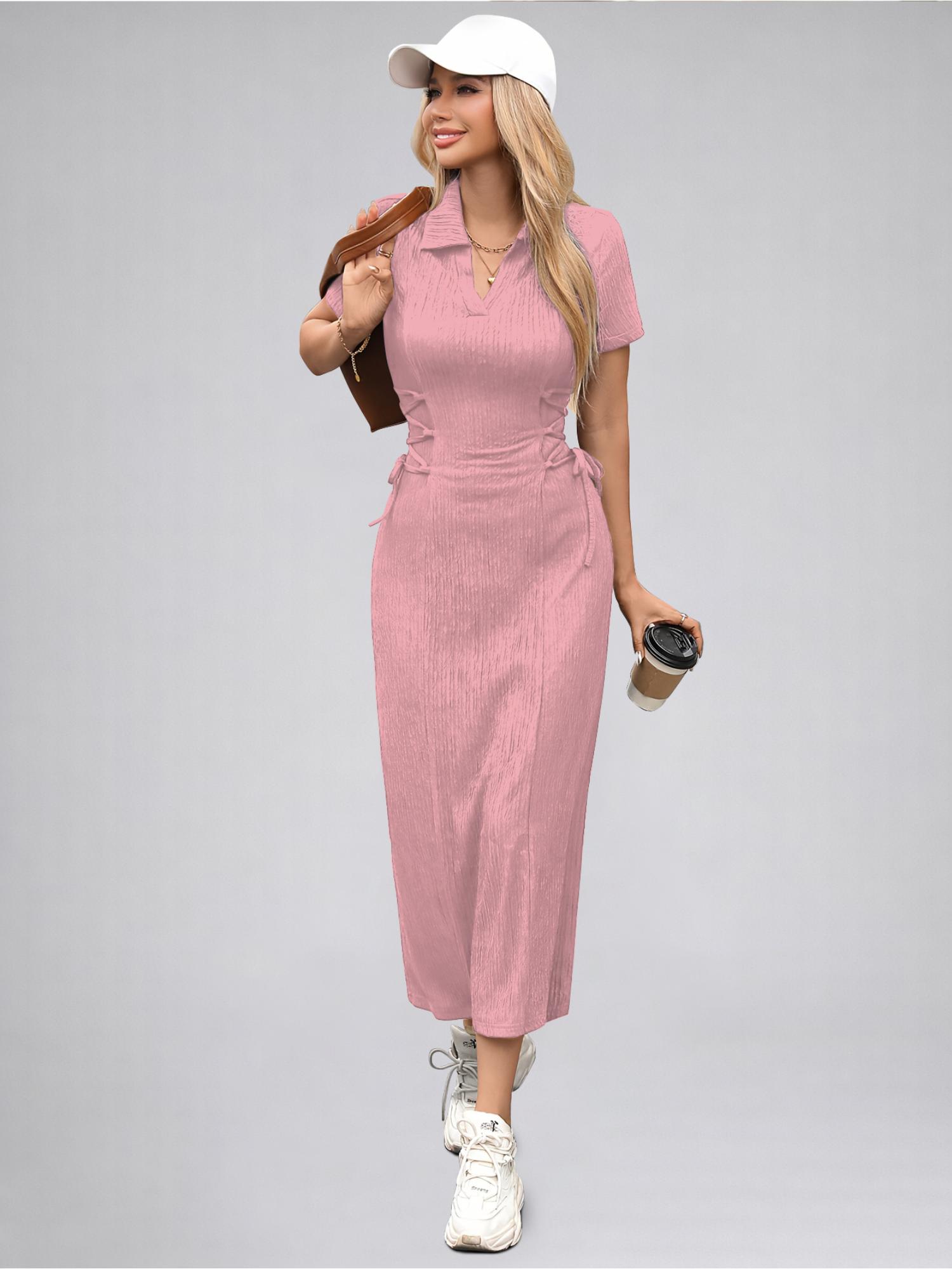 Womens Pink Solid Color Midi Western Party Dress for Women-image-24