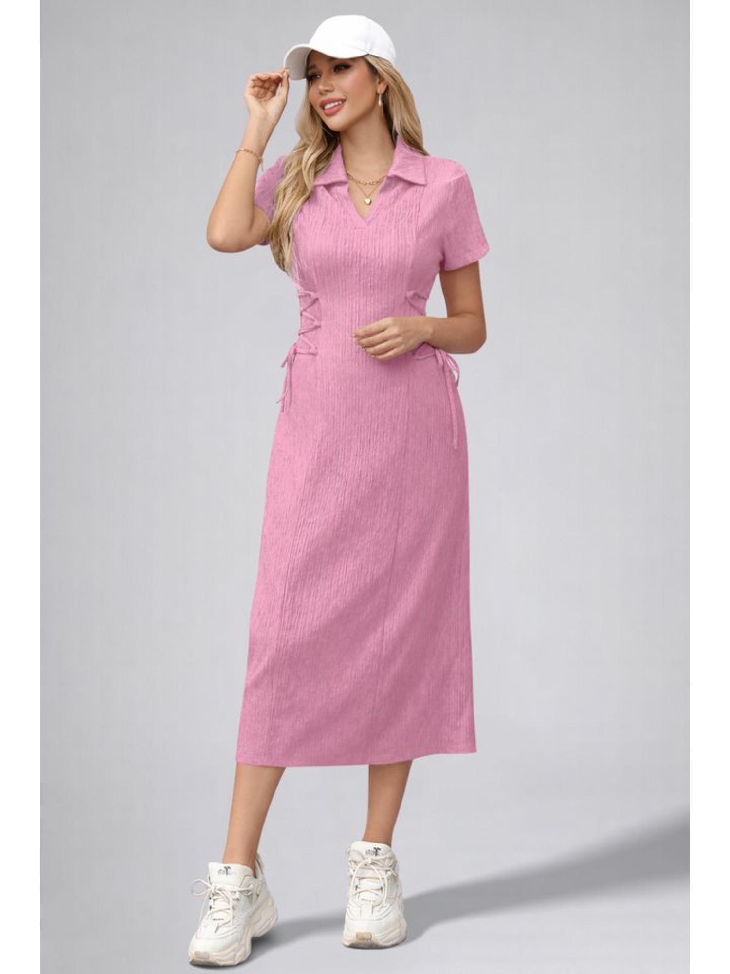 Womens Baby Pink Solid Color Midi Western Dress for Women-picture-14