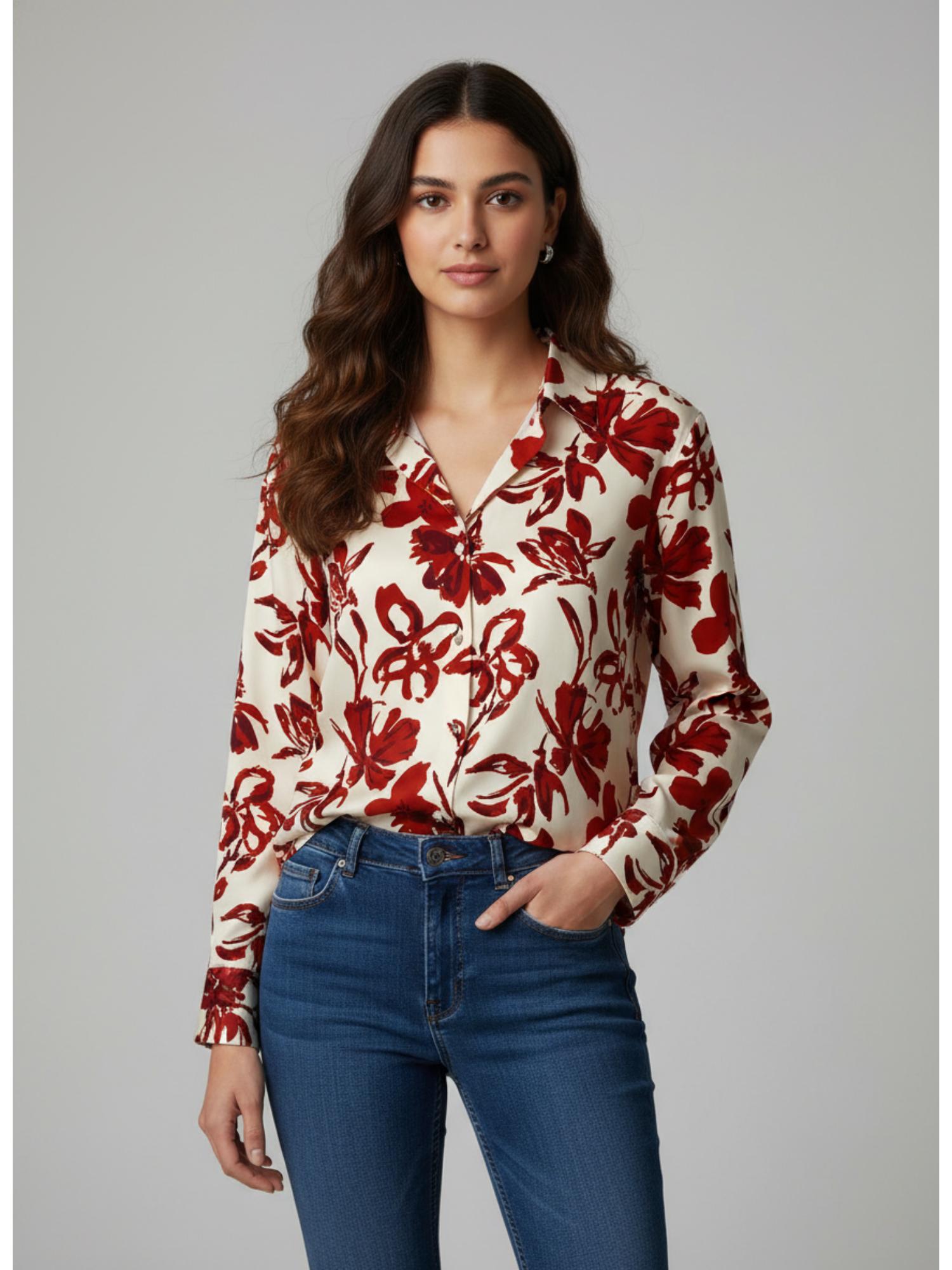 White & Maroon Satin Printed Bohemian Shirt-image-3