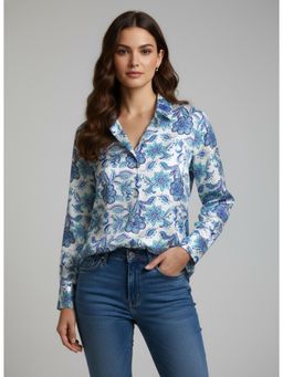 Twenty Dresses by Nykaa Fashion - Blue & White Poly Crepe Printed Bohemian Shirt