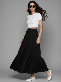 Twenty Dresses by Nykaa Fashion - Women Solid Black Flared Tiered Maxi Skirt