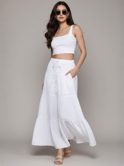 Twenty Dresses by Nykaa Fashion - Women Solid White Flared Tiered Maxi Skirt