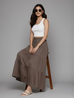 Twenty Dresses by Nykaa Fashion - Women Solid Taupe Flared Tiered Maxi Skirt