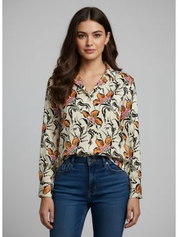 Twenty Dresses by Nykaa Fashion - Cream & Orange Poly Crepe Floral Printed Shirt