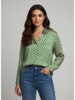 Twenty Dresses by Nykaa Fashion - Green & White Poly Crepe Multi Stripes Printed Shirt