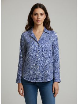 Twenty Dresses by Nykaa Fashion - sky Blue & White Poly Crepe Geometric Printed Shirt