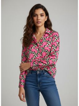 Twenty Dresses by Nykaa Fashion - Pink & White Poly Crepe Floral Printed Shirt
