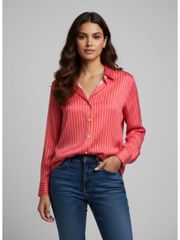 Twenty Dresses by Nykaa Fashion - Orange & Pink Poly Crepe Vertical Stripes Printed Shirt