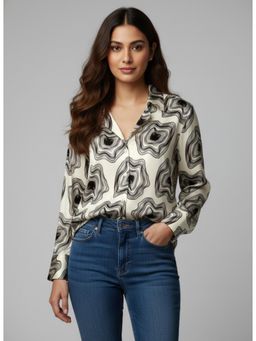 Twenty Dresses by Nykaa Fashion - White & Black Poly Crepe Abstract Printed Shirt