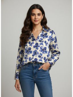Twenty Dresses by Nykaa Fashion - White & Blue Poly Crepe Floral Printed Shirt