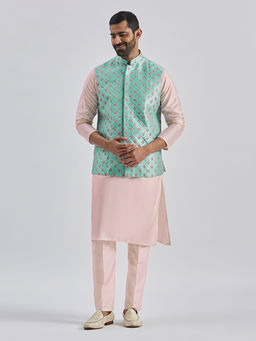 Vastramay - Men'S Floral Pink Poly Viscose Kurta and Pyjama with Jacket (Set of 3)