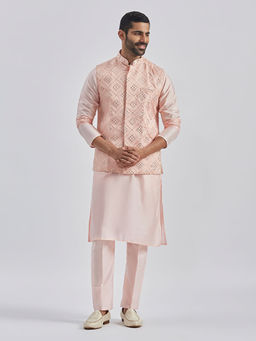 Vastramay - Men'S Embellished Pink Viscose Kurta and Pyjama with Jacket (Set of 3)