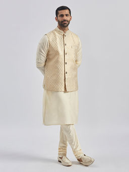 Vastramay - Men'S Off White Woven Kurta and Pyjama with Jacket (Set of 3)