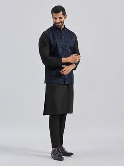 Vastramay - Men'S Navy Blue Silk Blend Kurta and Pyjama with Jacket (Set of 3)