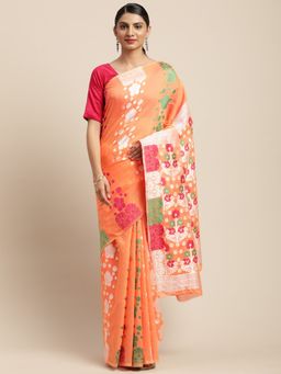 Vastranand - Orange & Green Woven Design Jamdani Saree with Unstitched Blouse