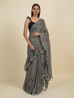 Suta - Grey Heart Block Printed Ruffle Saree