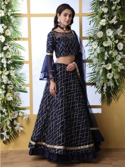 Odette - Pretty Navy Blue Net Semi Stitched Lehenga with Unstitched Blouse (Set of 3)