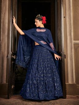 Odette - Impressive Navy Blue Georgette Semi Stitched Lehenga with Unstitched Blouse (Set of 3)