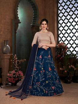 Odette - Striking Navy Blue Art Silk Semi Stitched Lehenga with Unstitched Blouse (Set of 3)