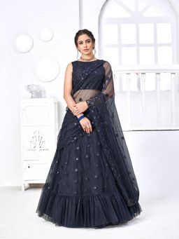 Odette - Pretty Navy Net Semi Stitched Lehenga with Unstitched Blouse (Set of 3)