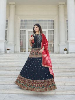 Odette - Stylish Navy Blue Chinon Chiffon Semi Stitched Lehenga with Unstitched Blouse (Set of 3)