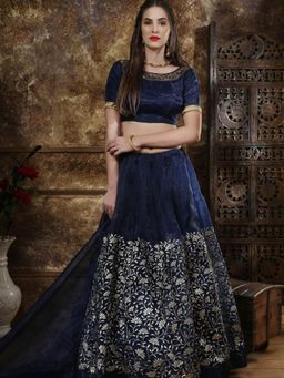 Odette - Navy Blue Organza Embroidered Semi Stitched Lehenga with Unstitched Blouse (Set of 3)