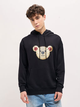 The Bear House - Mens Black Embellished Cotton Hoodie