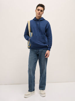 The Bear House - Mens Navy Blue Cotton Solid Hoodie