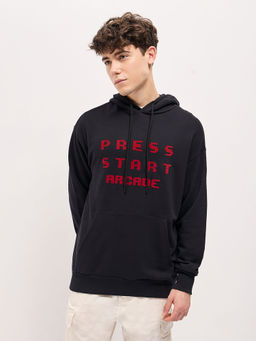 The Bear House - Mens Black Cotton Typography Hoodie