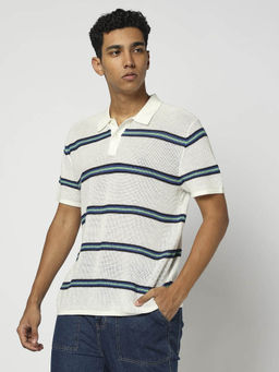 GAP - Mens Striped Polo Neck T-Shirt Off White