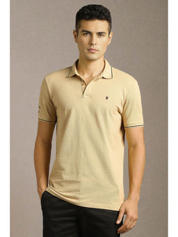 Louis Philippe - Men Beige Solid Polo Neck T-Shirt