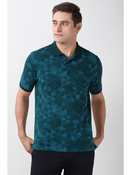 Peter England - Men Green Print Polo Neck T-Shirt