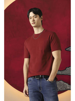 Peter England - Men Maroon Solid Round Crew Neck T-Shirt