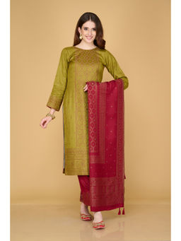 Safaa - Women Acro Wool Woven Unstitched Suit and Dupatta Color Mehndi (Set of 3)