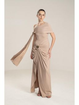 SOTBELLA - One-Shoulder Draped Dress with Gold Flower Detail