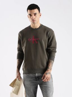 Calvin Klein - Olive Logo Relaxed Fit Cotton Sweatshirt