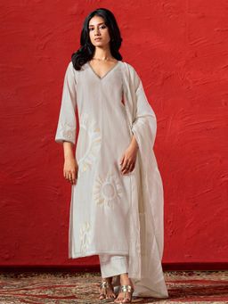 Ganga Fashions - Fog Grey Woven Kurta with Pant and Dupatta (Set of 3)