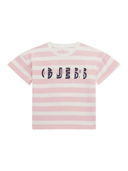 Guess - White And Pink Cotton Blend Striped T-Shirt
