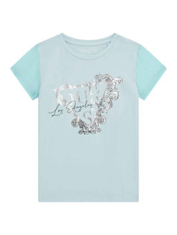 Guess - Cloudy Blue Cotton Blend Printed T-Shirt
