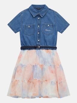 Guess - Flower Watercolor Pure Cotton All-Over Print Mixed Fabrics Dress with Belt