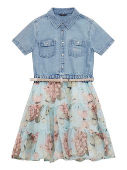 Guess - Butterfly Collage Pure Cotton Printed Mixed Fabrics Dress with Belt