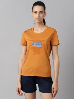 Alcis - Women Printed Orange Anti Static Slim Fit Round Neck Training T-Shirt